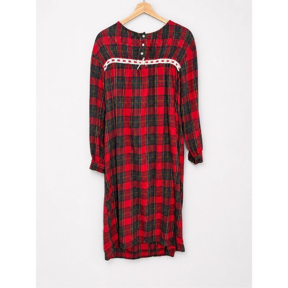 Vtg Whispers Plaid Flannel Nightgown Dress S Lace Trim Cottagecore Cabincore